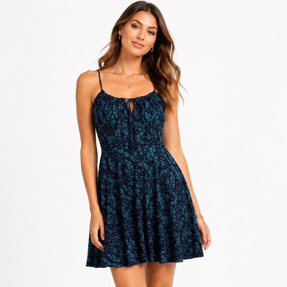 nine britton Dresses & Skirts - Nine Britton Vera Sleeveless Dress Navy Teal Floral Mini Keyhole XL NWT